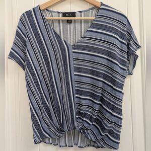 BCX Navy and White Striped Twist-Front V-Neck Top